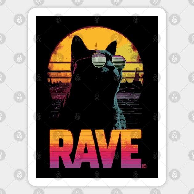 Rave Cat Retrowave T-Shirt - Synthwave Party Cat Design Sticker by TuncGK